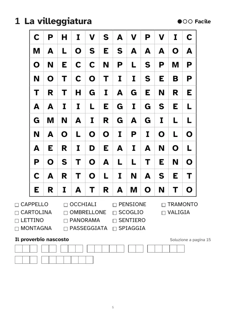 Esempio di crucipuzzle a caratteri grandi da stampare: griglia 12x12 con elenco delle parole e caselle per il proverbio