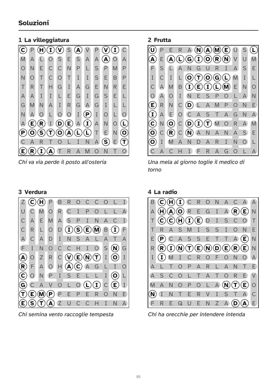Pagina delle soluzioni dei crucipuzzle con le parole evidenziate