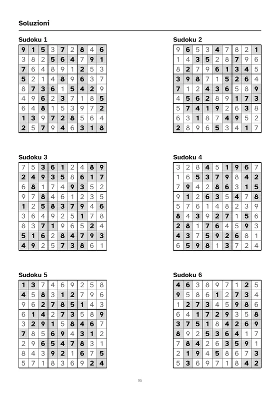 Pagina delle soluzioni dei sudoku, sei per pagina