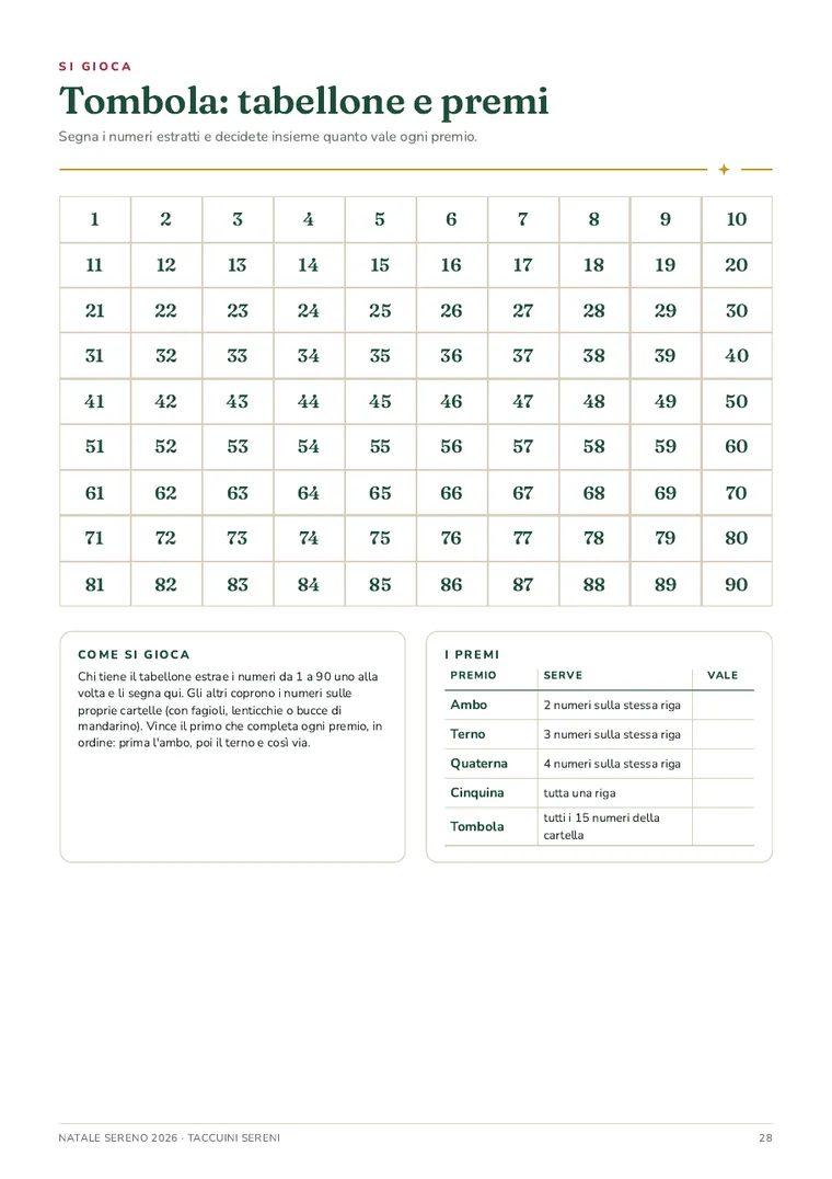 Tabellone della tombola da 1 a 90 con lo schema dei premi, da stampare